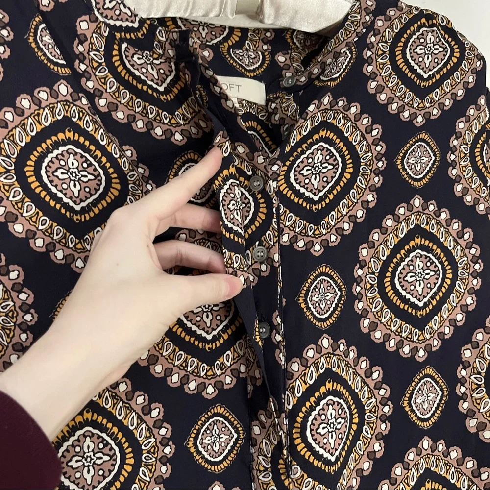 Loft Navy Blue Dress Geometric Medallion Long Sleeve Drop Waist Bohemian Sz S - Picture 8 of 14